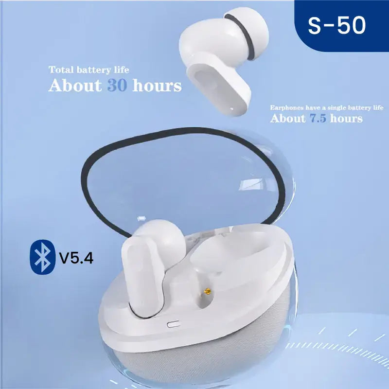 S50 TWS Wireless Bluetooth Earbuds V5.4 | Touch Control | Hi-Fi Stereo Sound | 30H Battery Backup | Charging Case