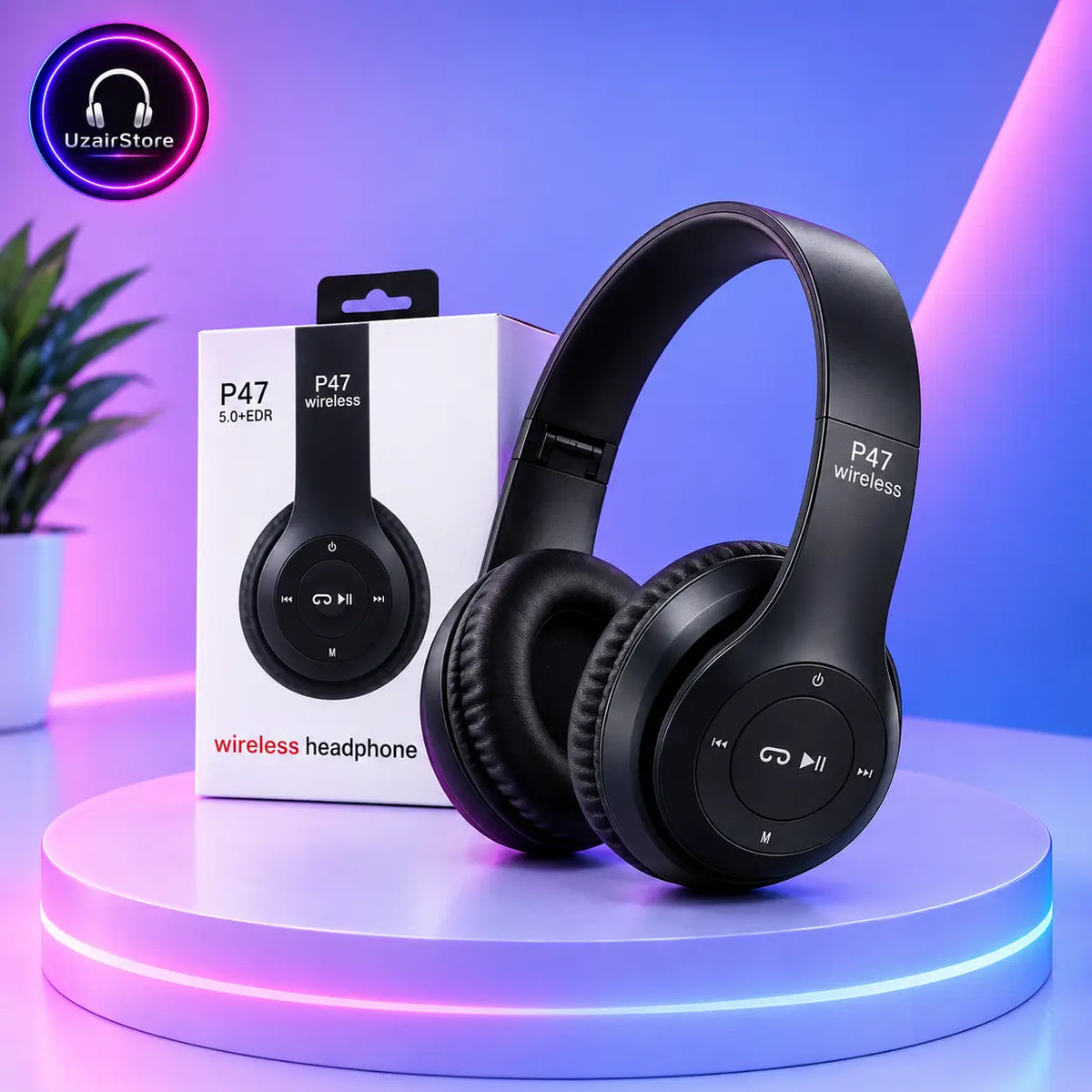 Black P47 wireless over-ear headphones displayed next to their white retail box on a glowing purple and blue pedestal. The image features a stylized studio setup with a plant in the background and a 'UzairStore' logo overlay in the top-left corner.