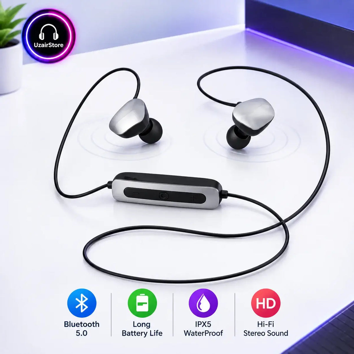 Black and silver wireless in-ear earbuds with a connecting cable and inline remote control, displayed on a white surface with feature icons for Bluetooth 5.0, long battery life, IPX5 waterproof, and Hi-Fi stereo sound.
