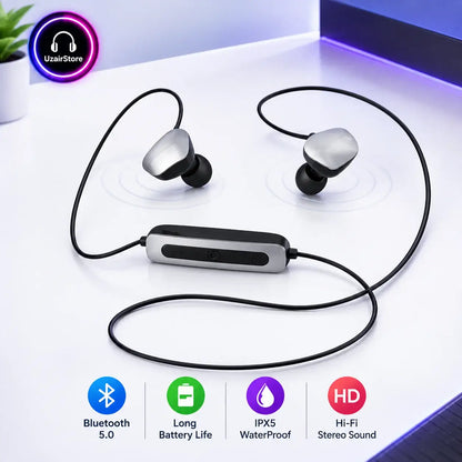 Black and silver wireless in-ear earbuds with a connecting cable and inline remote control, displayed on a white surface with feature icons for Bluetooth 5.0, long battery life, IPX5 waterproof, and Hi-Fi stereo sound.