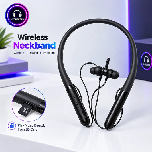 A promotional graphic for the UzairStore Bluetooth Wireless Neckband headphones, featuring a black over-ear neckband draped over a rock with a man in a mountain setting in the background. The image is heavily text-heavy with feature callouts, icons, and delivery promises.