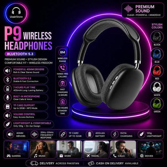 Promotional graphic for UzarStore P9 Wireless Headphones, showing a black over-ear headphone with glowing purple outline on a dark background, surrounded by feature callouts, color options, and usage icons.