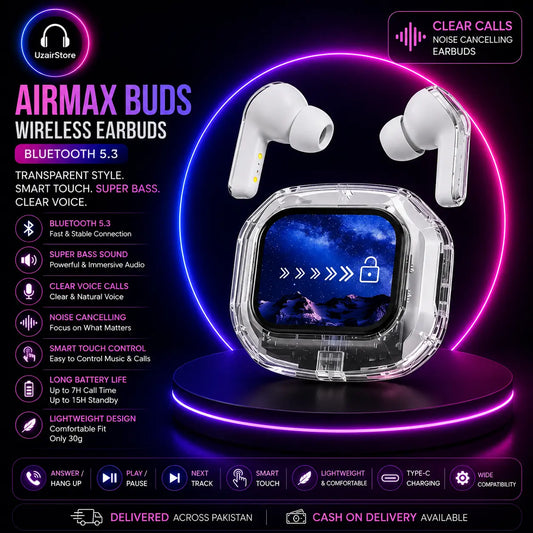 🎧 Wireless Transparent Airmax Buds – Bluetooth 5.3 🎧 UzairStore