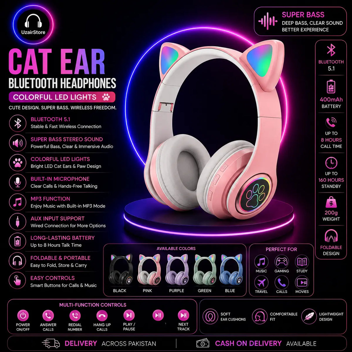 🐱🎧 Cat Ear Bluetooth Headphones Colorful LED Lights 🎧 UzairStore