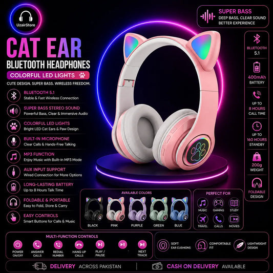 🐱🎧 Cat Ear Bluetooth Headphones Colorful LED Lights 🎧 UzairStore