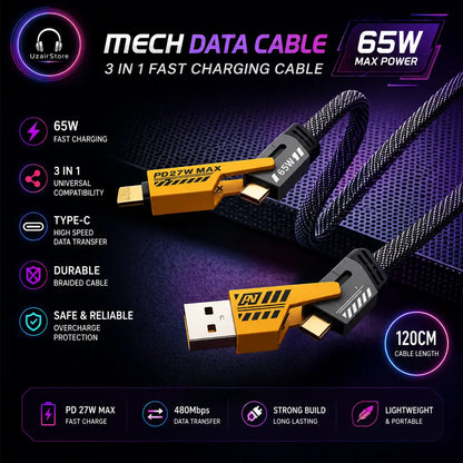 ⚡ 3-in-1 Fast Charging Cable – 65W Type-C UzairStore