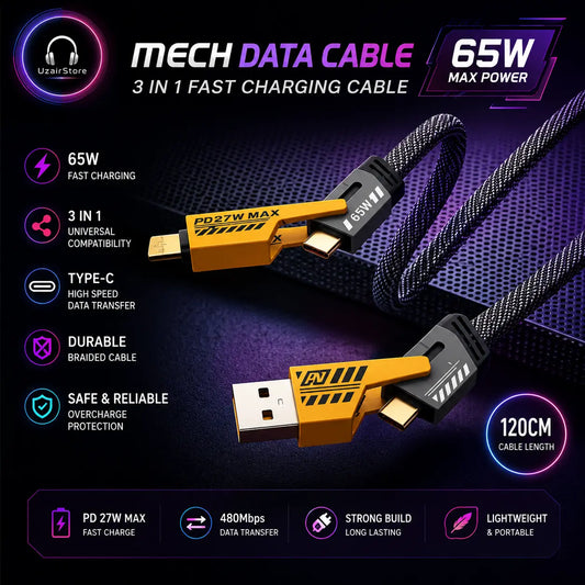 ⚡ 3-in-1 Fast Charging Cable – 65W Type-C UzairStore