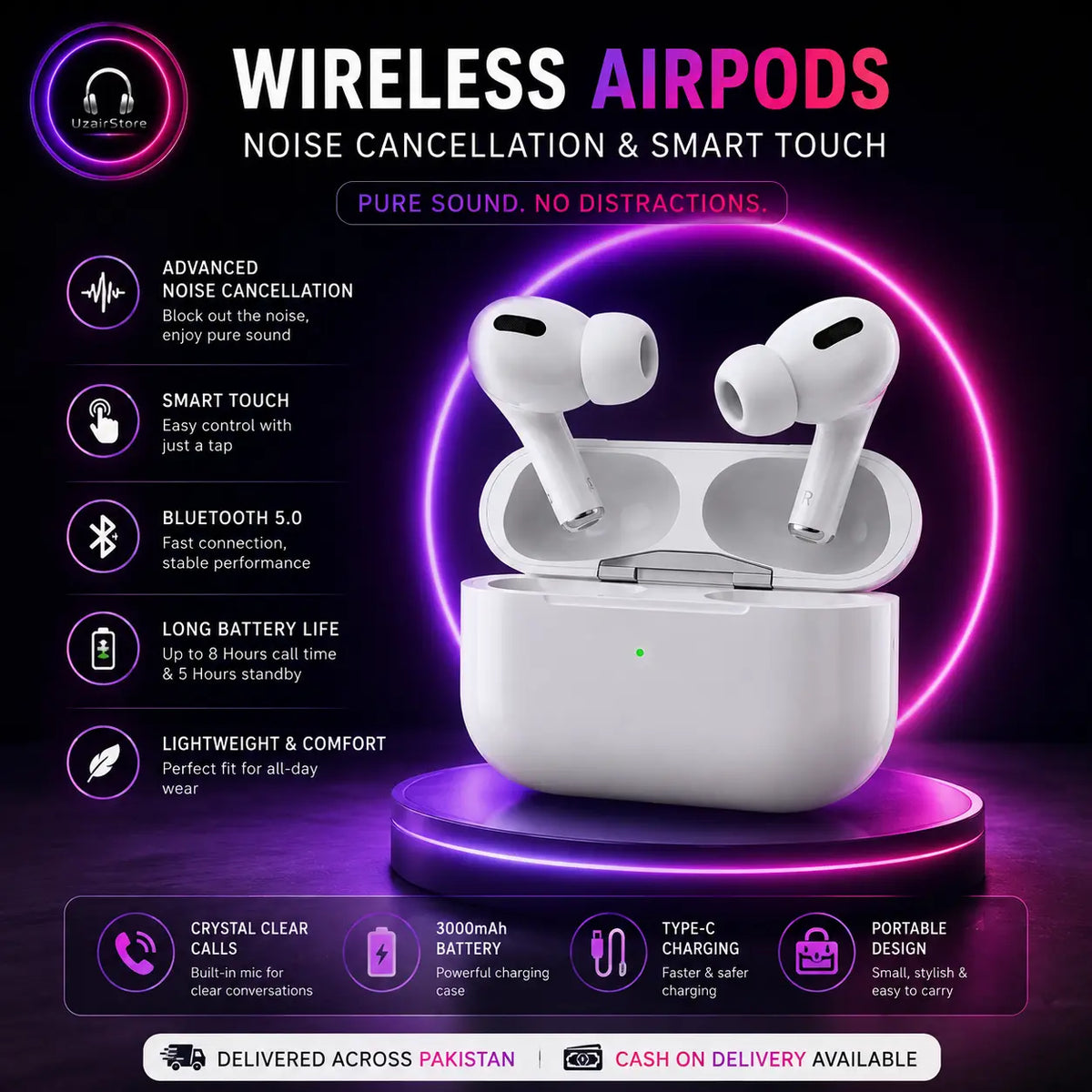 White wireless earbuds in an open charging case displayed on a glowing purple pedestal, with marketing text and feature icons for noise cancellation, Bluetooth 5.0, smart touch, battery life, and portability.