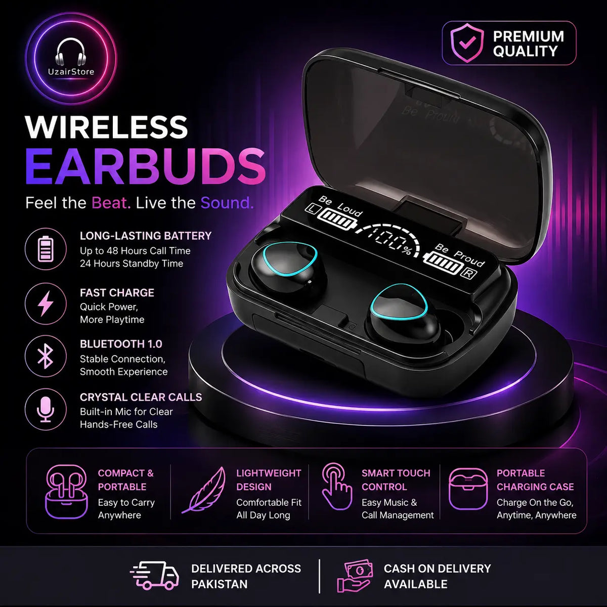 🎧 Black Long-Lasting Battery Wireless Earbuds UzairStore