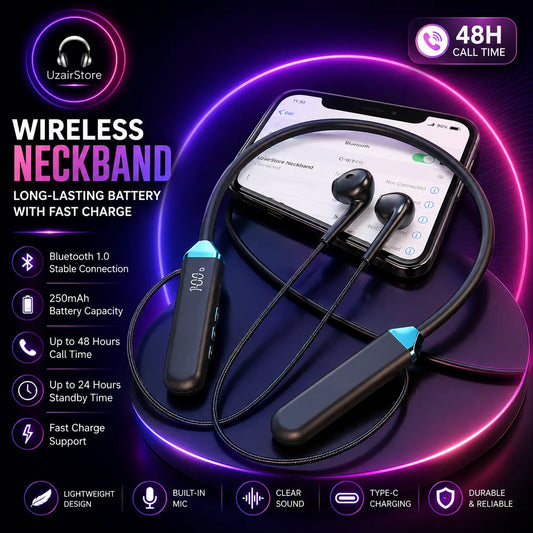 🎧 Black Long-Lasting Battery With Fast Charge Wireless Neckband UzairStore