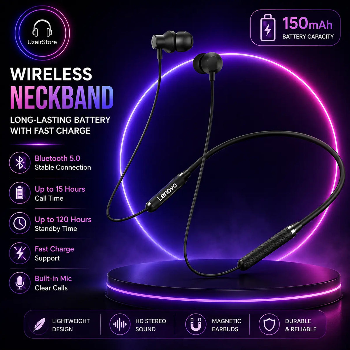 🎧 Black Lenovo Wireless Neckband UzairStore