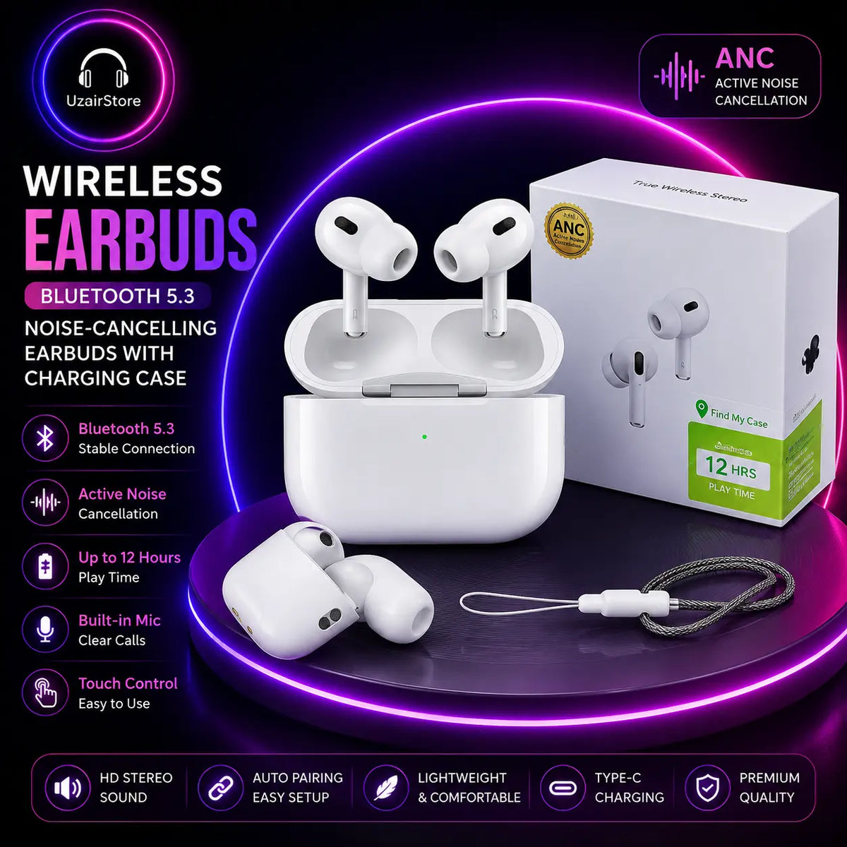 🎧 White Bluetooth 5.3 Noise-Cancelling Earbuds UzairStore