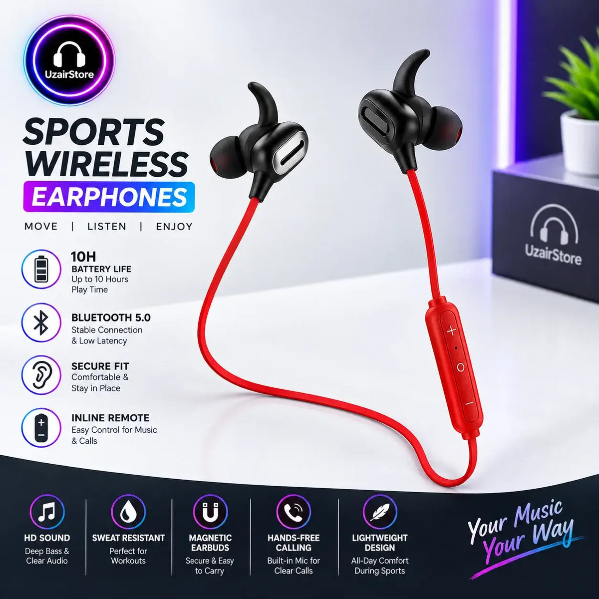 Wireless Neckband Bluetooth 5.0 Headphones with Heavy Bass & Magnetic Attraction | UzairStore