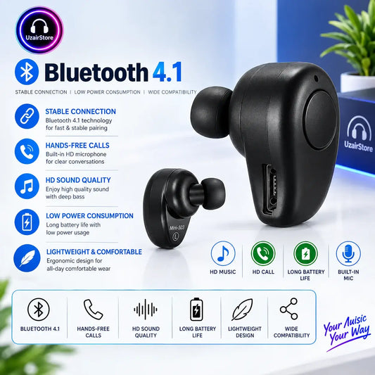 A pair of black Bluetooth 4.1 wireless earbuds shown on a clean, light blue and white promotional background with feature callouts and icons.