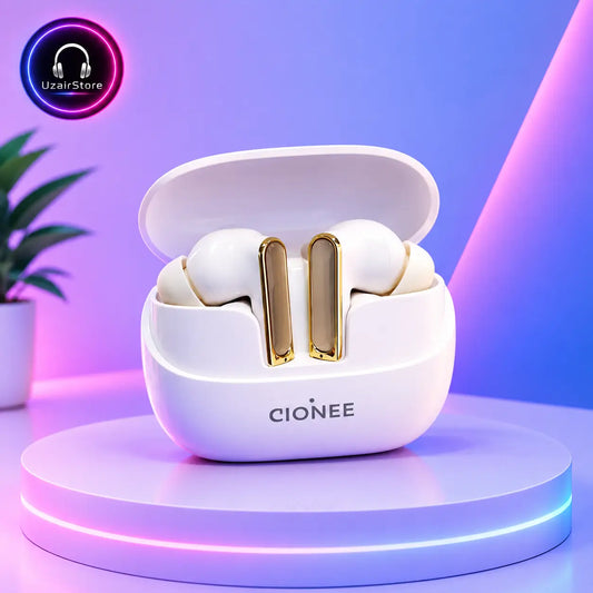 White Cionee true wireless earbuds in an open charging case with gold accents, displayed on a glowing round pedestal with a purple and blue gradient background.