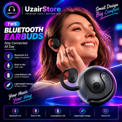 Promotional graphic for UzairStore TWS Bluetooth earbuds, showing a woman wearing one earbud, a large floating pair of black and dark gray earbuds, and feature icons for Bluetooth 5.0, built-in mic, long battery life, lightweight design, and secure fit.