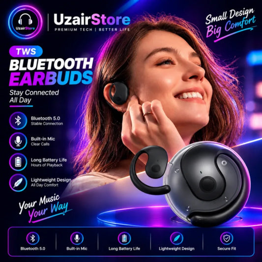 Promotional graphic for UzairStore TWS Bluetooth earbuds, showing a woman wearing one earbud, a large floating pair of black and dark gray earbuds, and feature icons for Bluetooth 5.0, built-in mic, long battery life, lightweight design, and secure fit.
