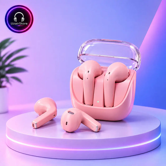 Pink wireless earbuds with a clear charging case, displayed on a round pedestal with purple and blue lighting. A small plant is visible in the background, and a circular 'UzarStore' logo appears in the top-left corner.
