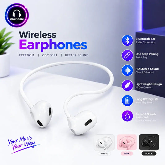 Pro Air Wireless Neckband Earphones – White | Bluetooth Neck Hanging Design