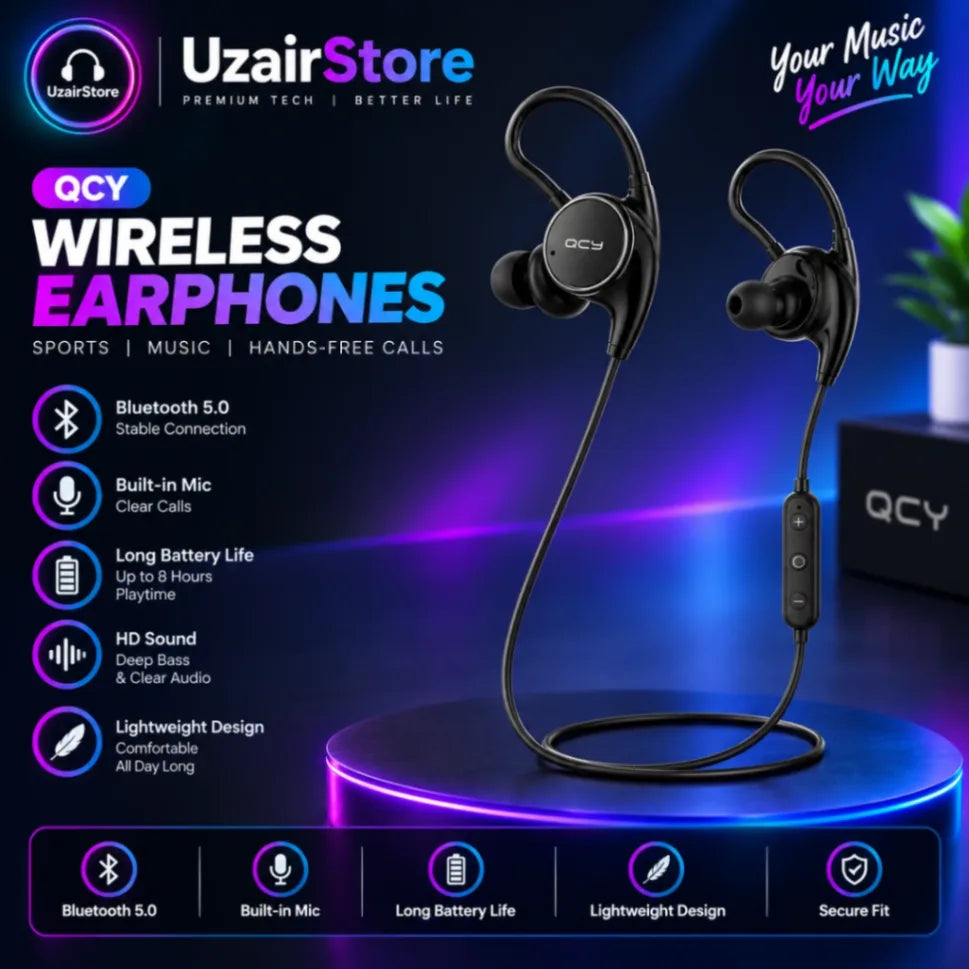 QCY Sports Wireless Bluetooth Earphones | Stereo Sound Earbuds with Mic & Ear Hook