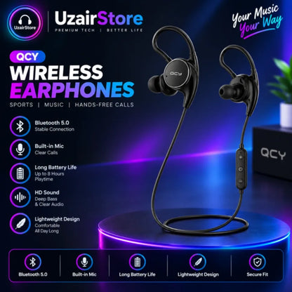 QCY Sports Wireless Bluetooth Earphones | Stereo Sound Earbuds with Mic & Ear Hook