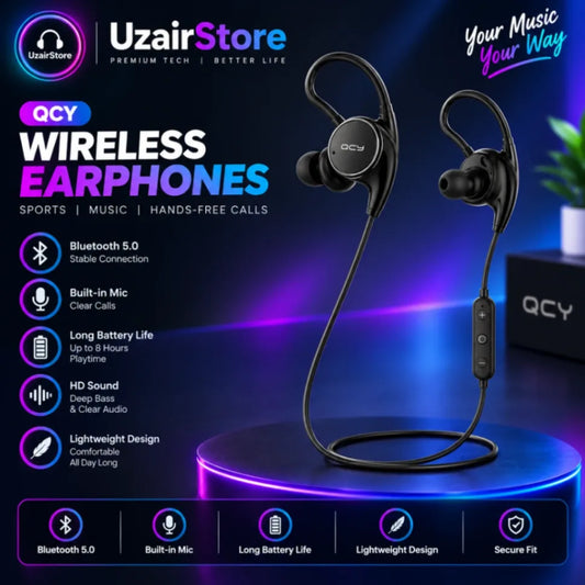 QCY Sports Wireless Bluetooth Earphones | Stereo Sound Earbuds with Mic & Ear Hook