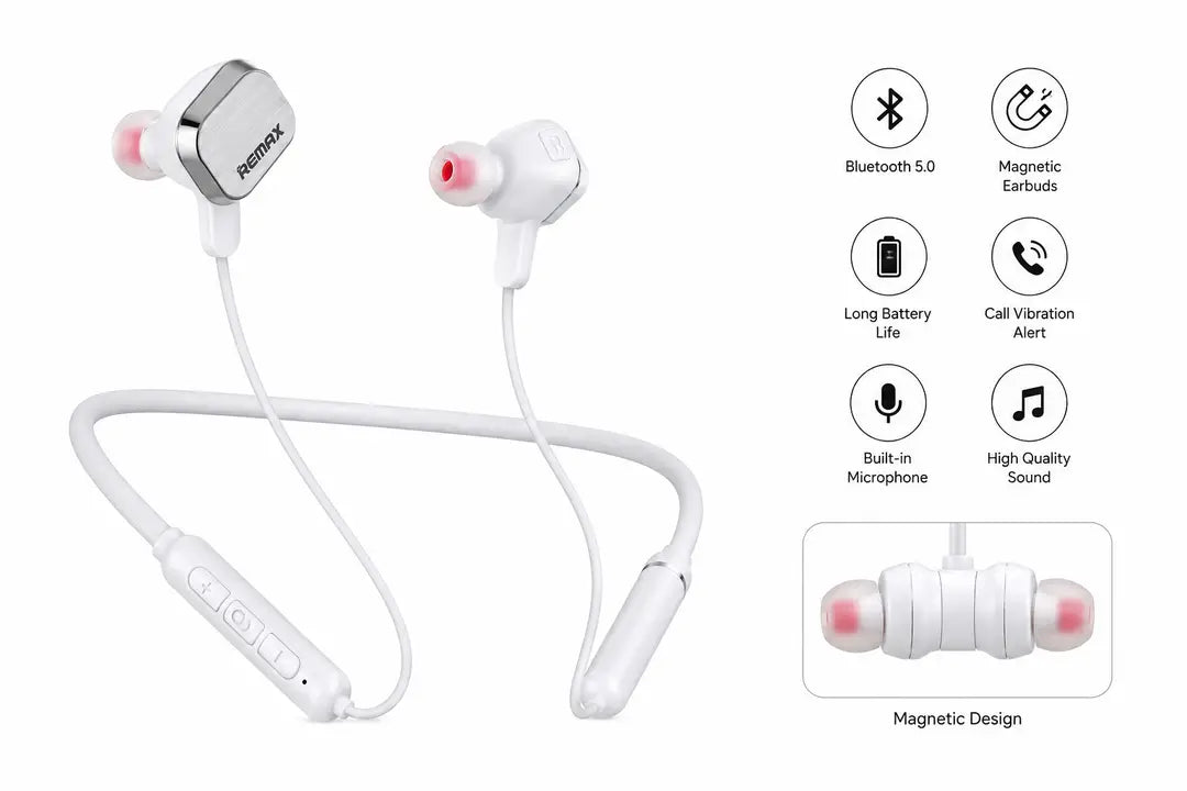 REMAX Wireless Neckband Earphones – Bluetooth Stereo Headset with Magnetic Earbuds