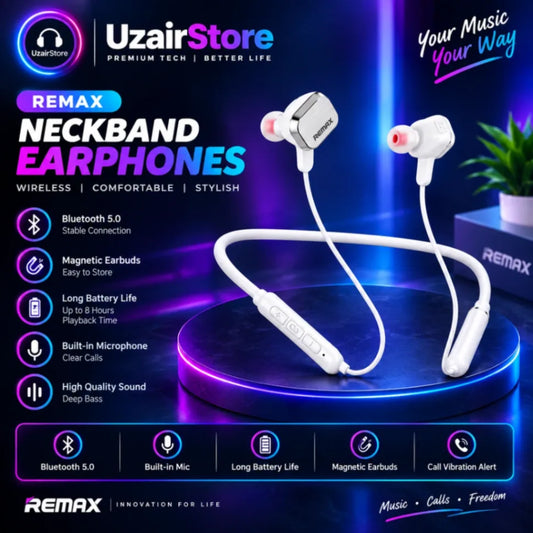 REMAX Wireless Neckband Earphones – Bluetooth Stereo Headset with Magnetic Earbuds