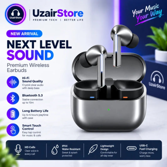 UzairStore Next Level Sound premium wireless earbuds in a metallic silver charging case, shown on a promotional graphic with feature icons and text.