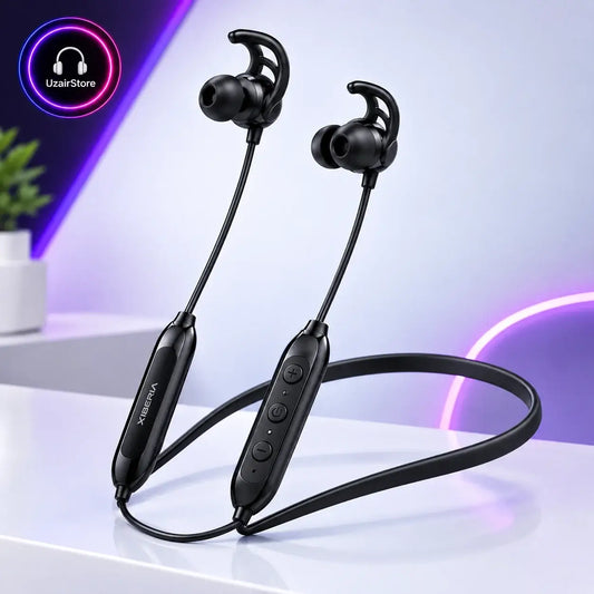 UzairStore Xiberia X8 Wireless Earphones in black, shown on a dark blue promotional background with feature icons, lifestyle inset photos of a woman and ear tip close-up, and multiple usage场景 illustrations.