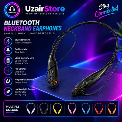 UzairStore Bluetooth neckband earphones shown on a dark blue and purple promotional background with feature callouts and color options along the bottom.