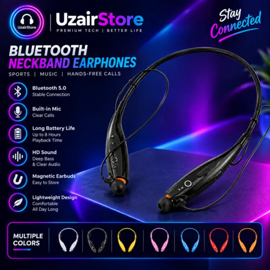 UzairStore Bluetooth neckband earphones shown on a dark blue and purple promotional background with feature callouts and color options along the bottom.
